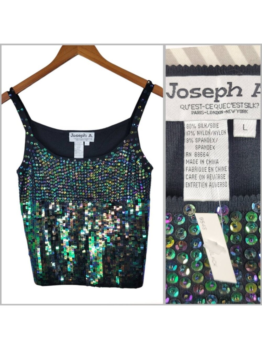 NEW Joseph A. Knit Tank Top Large Sequin Black Sleeveless Event Evening Silk